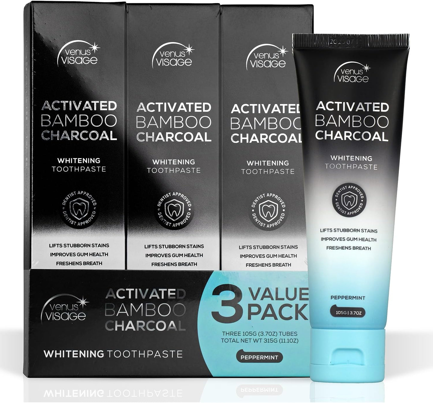 Venus Visage Activated Charcoal Toothpaste for Whitening Teeth - Black Toothpaste, Charcoal Whitening Toothpaste, Best Whitening Toothpaste (3 Pack, Peppermint)