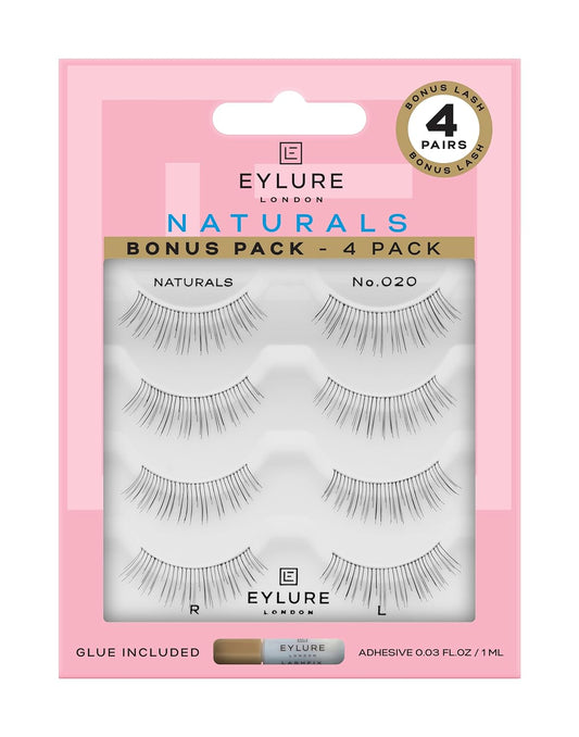 Eylure Naturals No. 020 Reusable Eyelashes, Adhesive Included, Black, o.o3 Floz (4 Pairs)