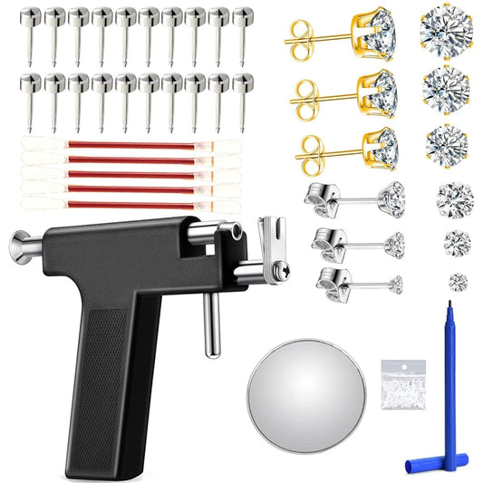 Reusable Ear Piercing Kit for Professional Salon With Silver Earrings Set For Home Self Body Nose Lip Earrings Piercing Kit with 18 Pairs Stud Earrings (Black)