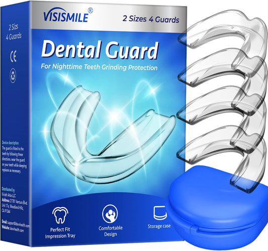 Visismile Mouth Guard for Clenching Teeth at Night, Dental Night Guards for Teeth Grinding, Professional Mouth Guard for Grinding Teeth, Stops Bruxism, 2 Sizes Pack of 4 with Hygiene Case