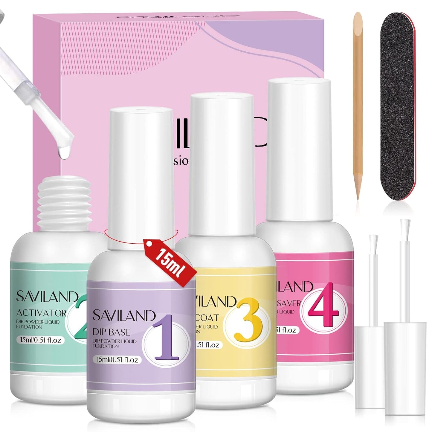 Saviland 4+4pcs Dip Powder Liquid Set Ð 0.52oz Dipping Powder Liquid Set with Dip Base & Top Coat Dip Activator Brush Saver Nail Dip liquid Nail Tools Starer Kit French Manicure Starter Set for Home DIY & Salon Use