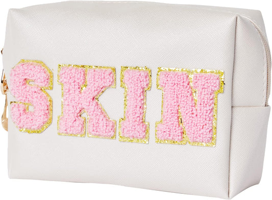 Burskit Preppy Patch Skincare Bags Travel Makeup Bag Varsity Letter Cosmetic Toiletry Cute Bag for Teen Girls PU Leather Portable Zipper Pouch Storage Purse Waterproof Organizer (Shell Gold)