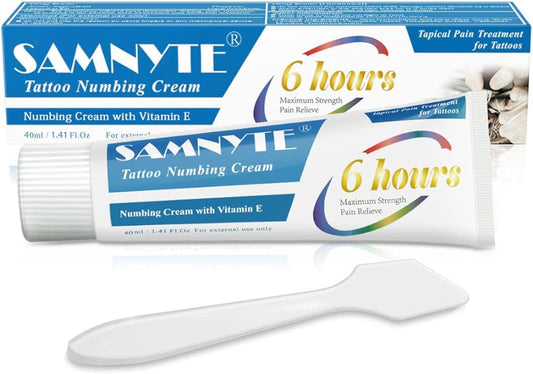 Samnyte Painless Tattoo Cream, Lasts 6-8 Hours Lidocaine Cream Maximum Strength, Best Tattoo Cream, Multi-purpose Topical Cream for Piercing, Waxing, Microneedling - 1.41Oz