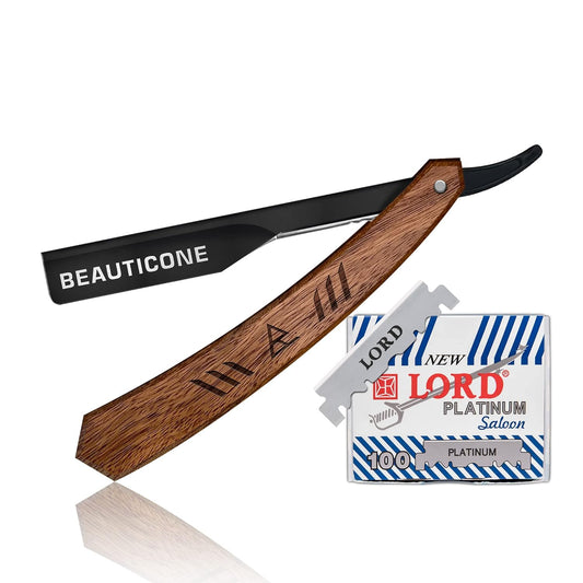 BEAUTICONE Straight Razor | Professional Barber Rose Wooden Razor with Black blade holder for men with 100 Single Edge Blades _slide-out design