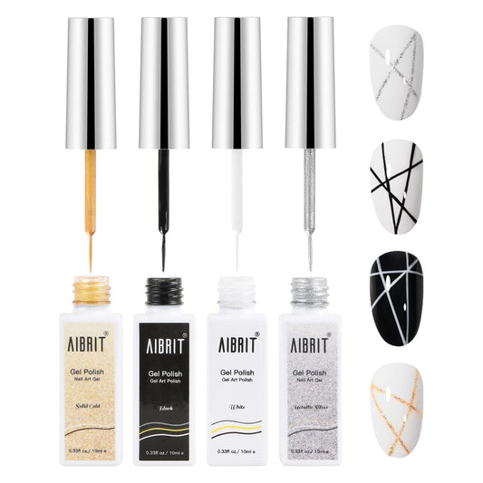 Gel Liner Art Polish Set 10ml, 4 Colors Black White Gold Silver Design Paint with Thin Brush in Bottle for Swirl/ Euphoria French Tips Manicure Painting DIY at Home