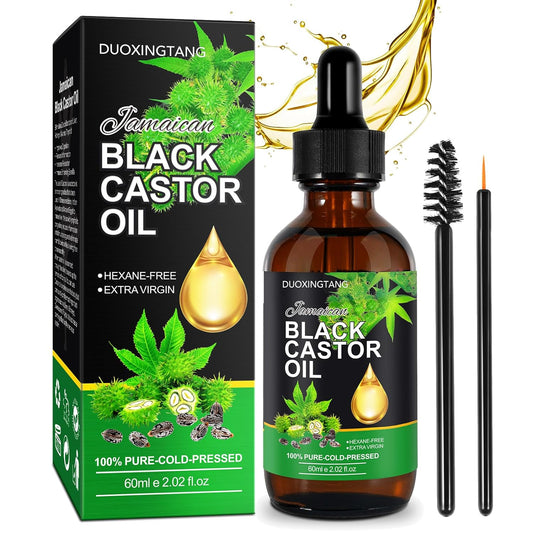DuoXingTang Organic Castor Oil Cold Pressed Unrefined,100% Pure Natural Jamaican Black Castor Oil in Glass Bottle for Hair Growth, Eyelashes and Eyebrows and Body Oils 60ML