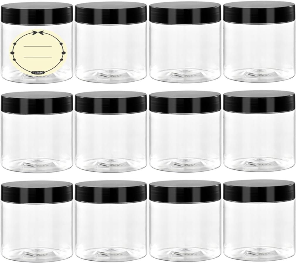 TUZAZO 4 Oz Plastic Container Jars with Lids and Labels BPA Free, Empty Round Clear Cosmetic Slime Jars for Lotion, Cream, Ointments, Body Butter, Makeup, Travel Storage (12 Pack)