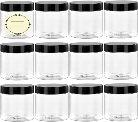 TUZAZO 4 Oz Plastic Container Jars with Lids and Labels BPA Free, Empty Round Clear Cosmetic Slime Jars for Lotion, Cream, Ointments, Body Butter, Makeup, Travel Storage (12 Pack)