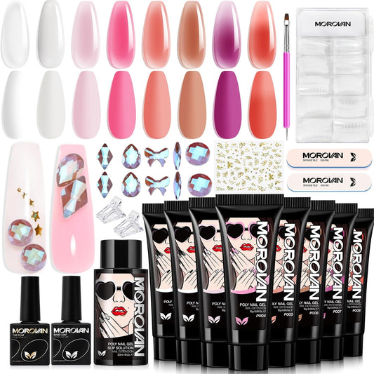 Morovan Poly Gel Nail Color: Poly Gel Nail Kit 8PC Poly Nail Gel Kit For Nail - With Rhinestones Base Top Coat Gel Extension Kit Professional Poly Gel Nail Art Tools Salon Quality