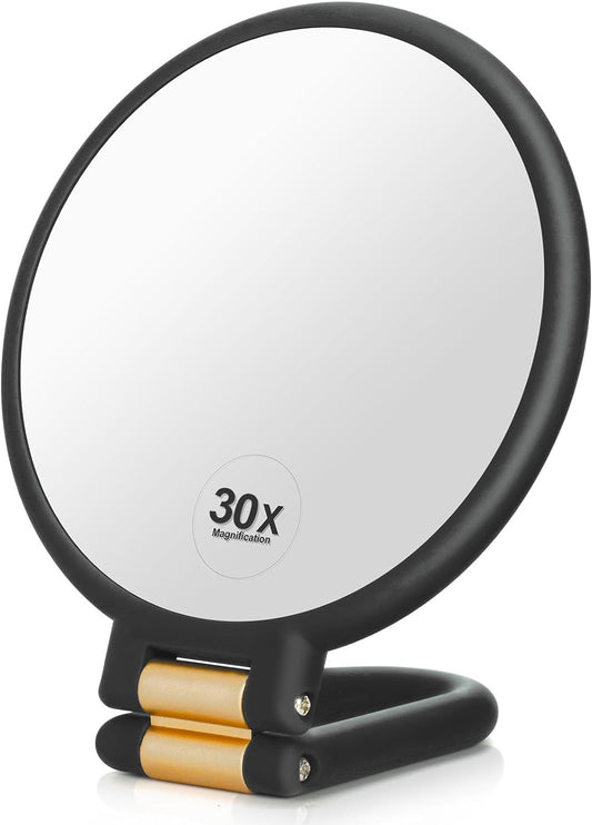 Martvex 1x 30x Magnifying Travel Mirror, Hand Mirror with Handle - Double Side Hand Held Mirror with 1x30x Magnification & Foldable Handle, Portable Travel Makeup Hand Mirror for Women (Black)