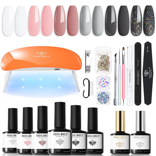 Modelones 20PCS Portable Gel Nail Kit With U V Light, 6 nude french white black Nail polish Manicure Kit For Beginners Include Base and Top Coat Starter-Friendly Liner Brush Gift