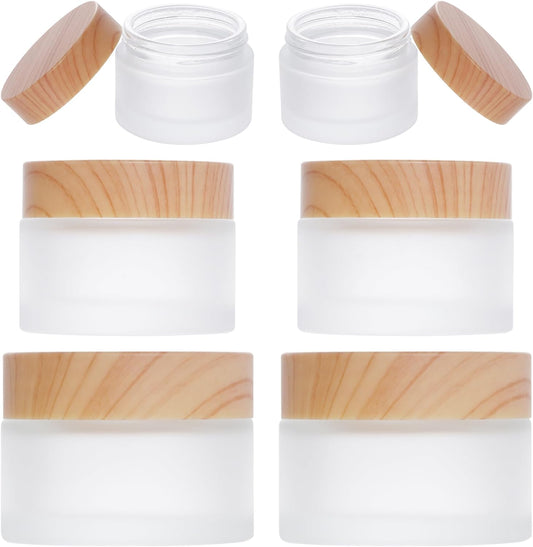 Miayon 6Pcs Glass Cosmetic Container with Wood Grain Lid Refillable Cosmetic Jar Frosted Glass Cream Container with Leak-proof Lid Empty Sample Jar for Makeup,Lotion,Eye Creams,Scrub Cream,Home Travel