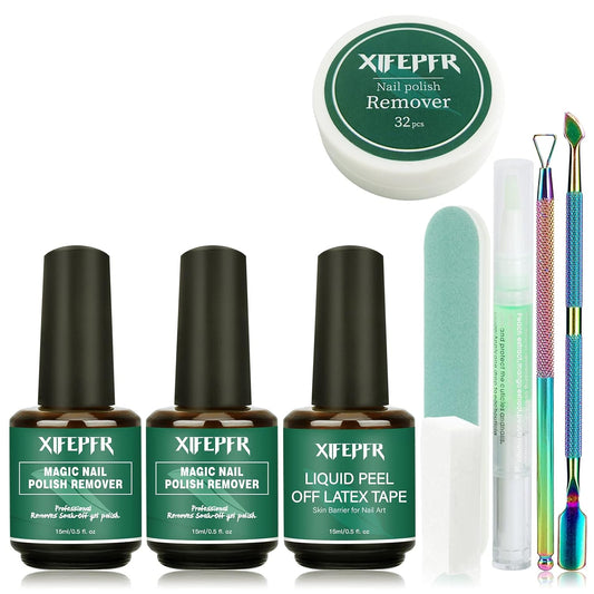 XIFEPFR Gel Nail Polish Remover Kit - 2 Pack Gel Polish Remover with Latex Tape Peel Off Liquid & Manicure Tools, 2-5 Minutes Professional Quick Remove Polish, No Soaking or Wrapping, Perfect Gifts