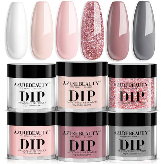 Dip Powder Nail Set, AZUREBEAUTY 6 Colors Classic Nude Collection Skin Tone Glitter Pastel Dipping Powder Starter Kit French Nail Art Manicure DIY Salon Home Gifts for Women, No Need Nail Lamp Cured