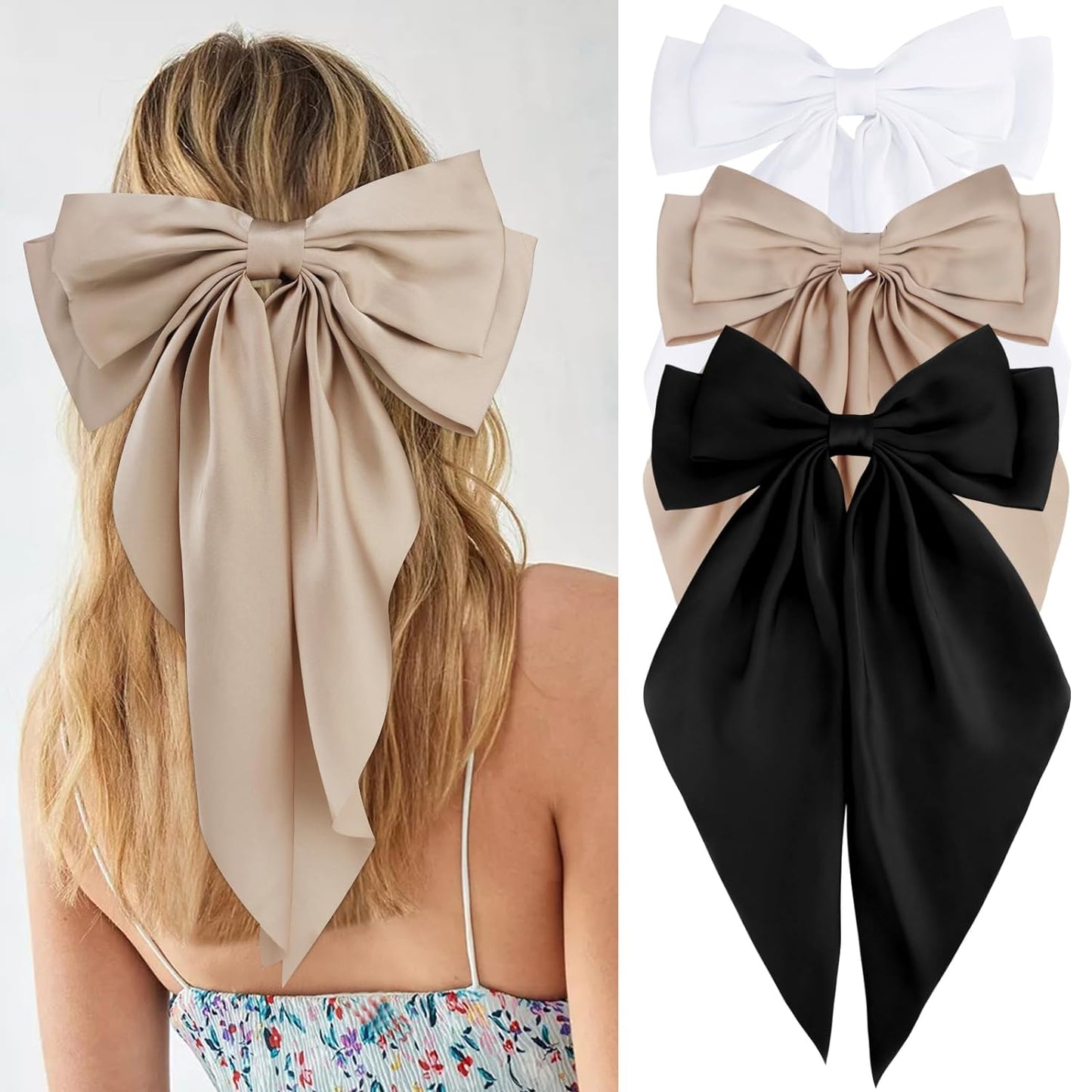 Velscrun 3Pcs Hair Bows for Women White Hair Bow Black Hair Bow Khaki Big Hair Bows Clips for Girls Silky Satin Large Hair Ribbons Oversized Long Tail Hair Bows Hair Barrettes Hair Accessories Gifts