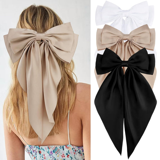 Velscrun 3Pcs Hair Bows for Women White Hair Bow Black Hair Bow Khaki Big Hair Bows Clips for Girls Silky Satin Large Hair Ribbons Oversized Long Tail Hair Bows Hair Barrettes Hair Accessories Gifts