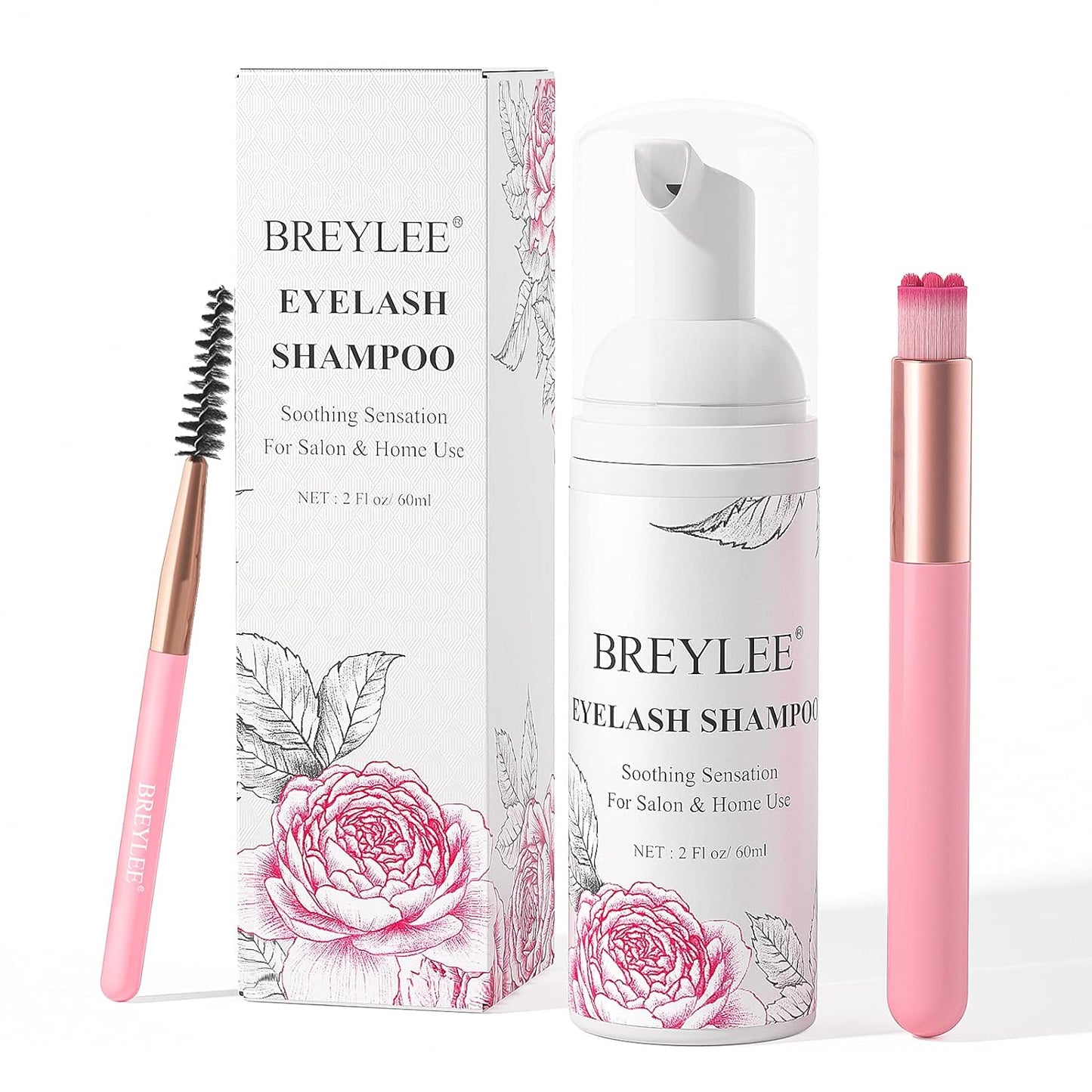 BREYLEE Eyelash Cleanser, Shampoo Foam & Brushes Eyelid Cleanser for Makeup Remover Paraben & Sulfate Free for Salon and Home Use(60ml, 2 fl oz)