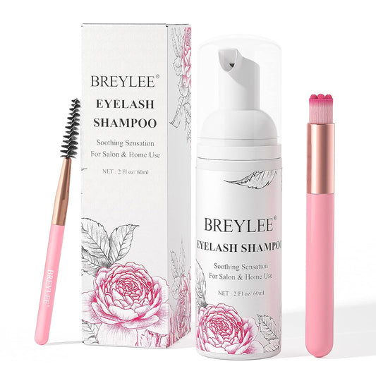 BREYLEE Eyelash Cleanser, Shampoo Foam & Brushes Eyelid Cleanser for Makeup Remover Paraben & Sulfate Free for Salon and Home Use(60ml, 2 fl oz)