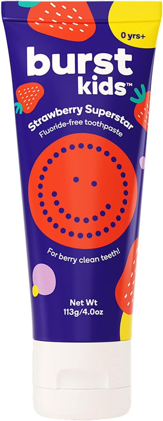 BURSTkids Strawberry Kids Toothpaste Fluoride-Free - Great Tasting, Dye Free Baby, Toddler & Kid Toothpaste Age 0+ with Nano-Hydroxyapatite - 4oz
