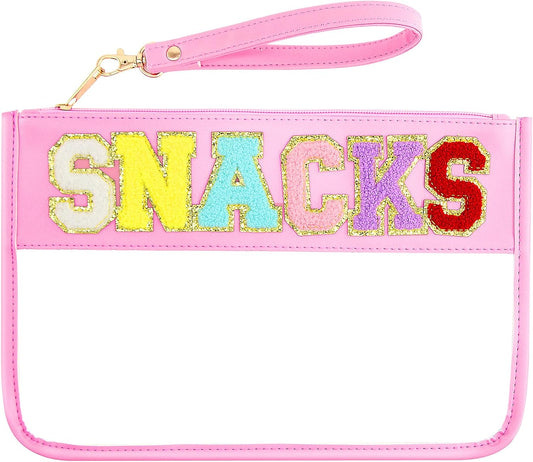 Chenille Letter Bag Clear Snacks Flat Pouch Preppy Stuff Bag with Zipper Travel Makeup Cosmetic Bags for Women Girls (Pink Snacks)