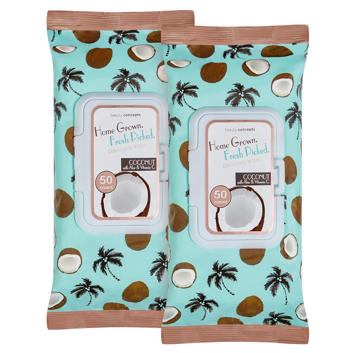 BEAUTY CONCEPTS Coconut Facial Wipes | Pack of 2, 100 Count, Facial Cleaning Cloths Removes Makeup Mascara Dirt and Oil, Flip Top Pack (Coconut with Aloe & Vitamin C)