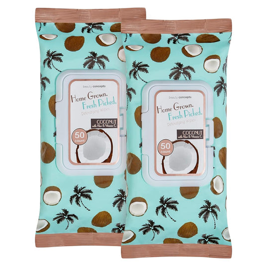 BEAUTY CONCEPTS Coconut Facial Wipes | Pack of 2, 100 Count, Facial Cleaning Cloths Removes Makeup Mascara Dirt and Oil, Flip Top Pack (Coconut with Aloe & Vitamin C)