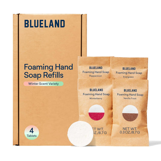 BLUELAND Foaming Hand Soap Tablet Refills - Winter 4 Pack | Eco Friendly Products & Cleaning Supplies | Winter Variety Scents | Makes 4 x 9 Fl oz bottles (36 Fl oz total)