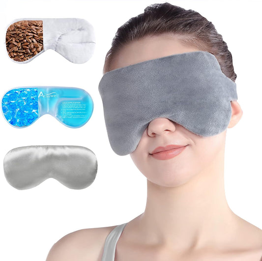 Atsuwell Eye Compress Moist Heat and Cold Therapy Sleep Eye Bag for Dry Eyes, Stye, Puffy, Migraine, Fatigue Relief, Multipurpose Yoga Eye Pillow Microwavable with Bonus Gel Pad and Silky Insert, Grey