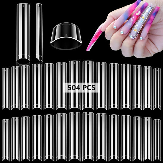 504Pcs XXL No C Curve Nail Tips for Acrylic Nails Professional Set, Straight Tapered Square Clear Nail Tips Half Cover Long Fake Nails, Acrylic Nail Tips Square False Nails for Salon DIY Nail Art