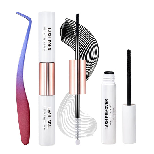 Miuffue 3 PCS Lash Kit Lash Bond and Seal with Lash Tweezers Cluster Remover Kit, DIY Eyelash Glue and Lash Applicator Tool Cluster Eyelash Glue Remover Fast Removal with No Residue