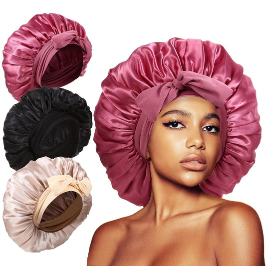 3Pcs Extra Large Silk Satin Sleep Bonnets for Women - Jumbo Hair Bonnets with Tie Band for Braids, Curly Hair