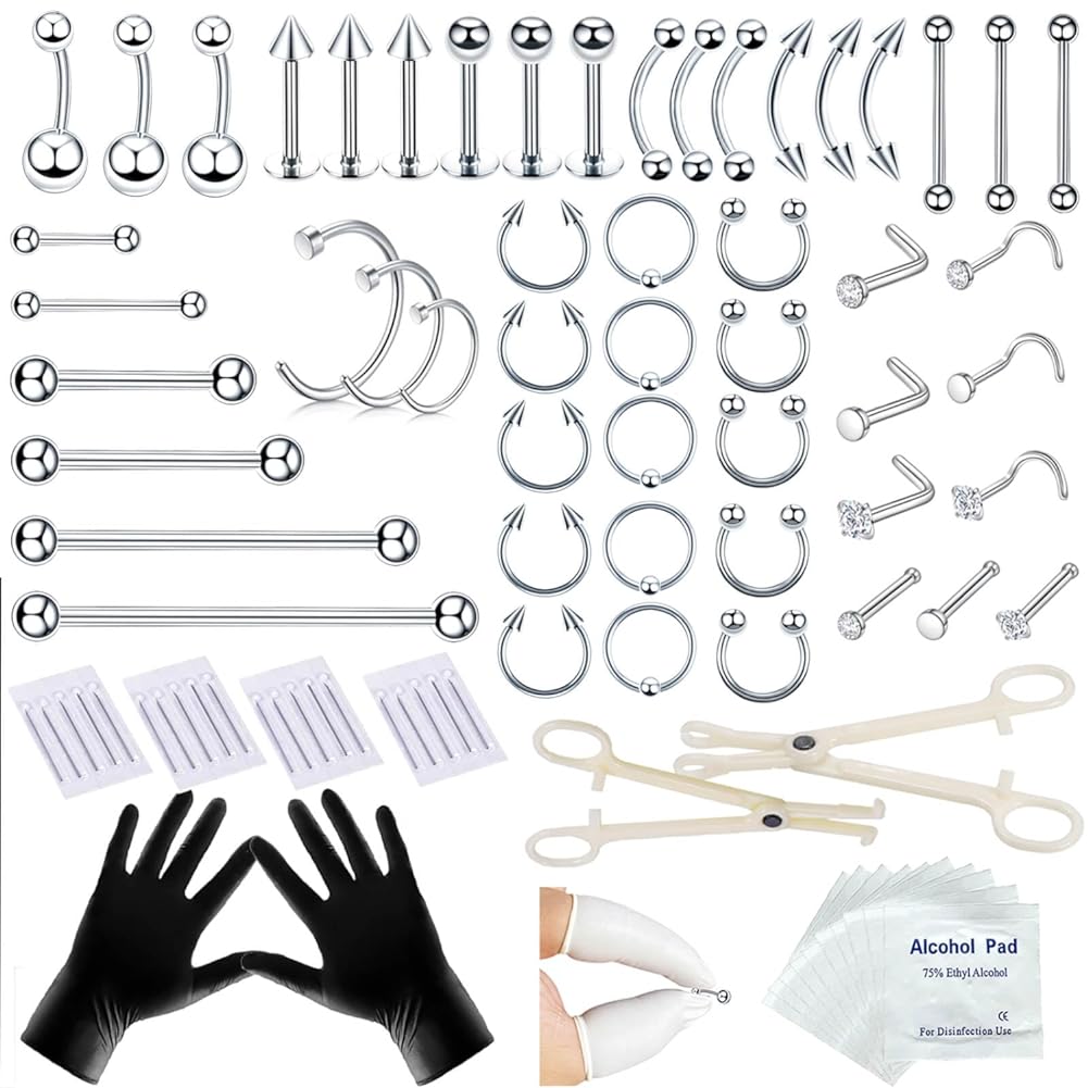 Tustrion 80PCS Nose Piercing Kit for All Body Piercings Stainless Steel Piercing Jewelry with 12G 14G 16G 20G Piercing Needles for Ear Cartilage Tragus Nose Septum Lip Eyebrow