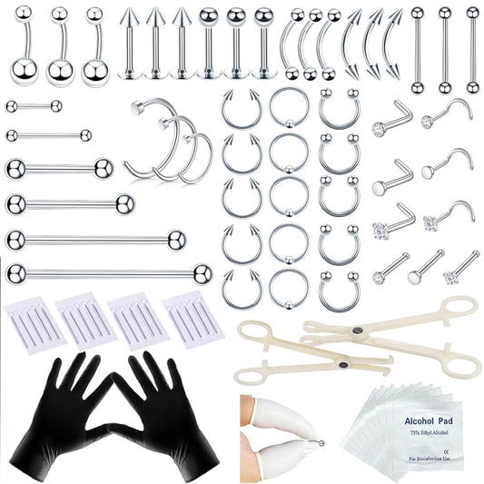 Tustrion 80PCS Nose Piercing Kit for All Body Piercings Stainless Steel Piercing Jewelry with 12G 14G 16G 20G Piercing Needles for Ear Cartilage Tragus Nose Septum Lip Eyebrow