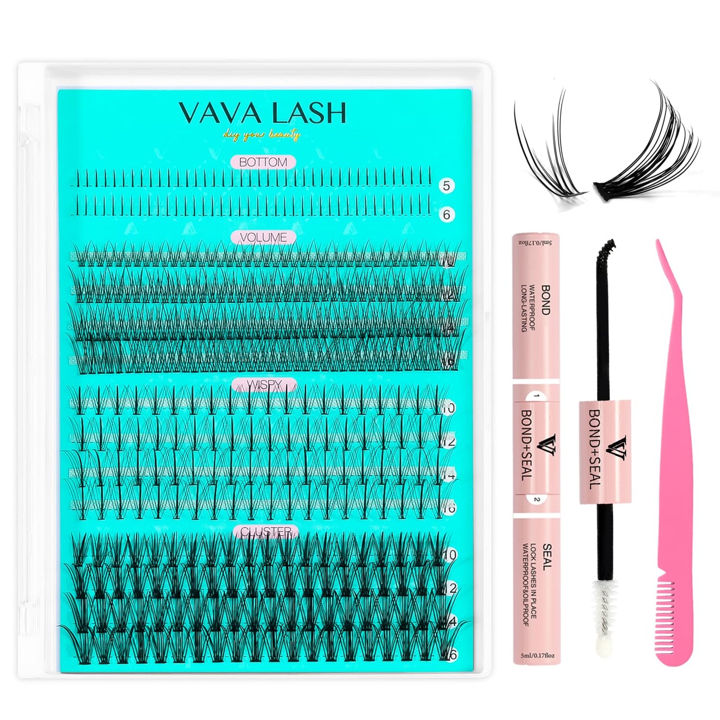 VAVALASH Individual Lash Clusters Kit Multi-type Mixed DIY Eyelash Extension: Bottom Lashes, Volume Lashes, 7D Wispy Spikes Fans and 20D Clusters, Bond&Seal, Lash Tweezer DIY at Home (5-16mm, Kit)