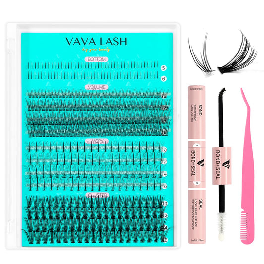 VAVALASH Individual Lash Clusters Kit Multi-type Mixed DIY Eyelash Extension: Bottom Lashes, Volume Lashes, 7D Wispy Spikes Fans and 20D Clusters, Bond&Seal, Lash Tweezer DIY at Home (5-16mm, Kit)
