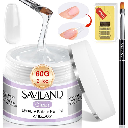 Saviland Builder Nail Gel Kit - 60g Clear Nail Extension Gel Set Nail Strengthen Nail Art Manicure Set with 100PCS Nail Forms and Acrylic Nail Brush for Beginners