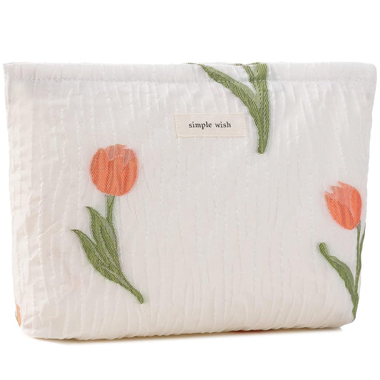 ZLFSRQ Tulip Makeup Bag for Women Floral Makeup Pouch for Purse Zipper Cosmetic Bag Large Capacity Quilted Canvas Cute Aesthetic Flower Makeup Bag Gift Travel Toiletry Make Up Organizer