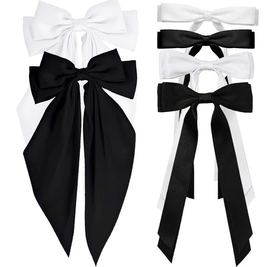 6pcs Hair Bows for Women Adults Girls, Hair Bows Clips Hair Ribbon Tassel with Long Tail, Cute Hair Accessories Silky Satin Barrettes Ponytail Holder Bow (Black & White, 3 Size)