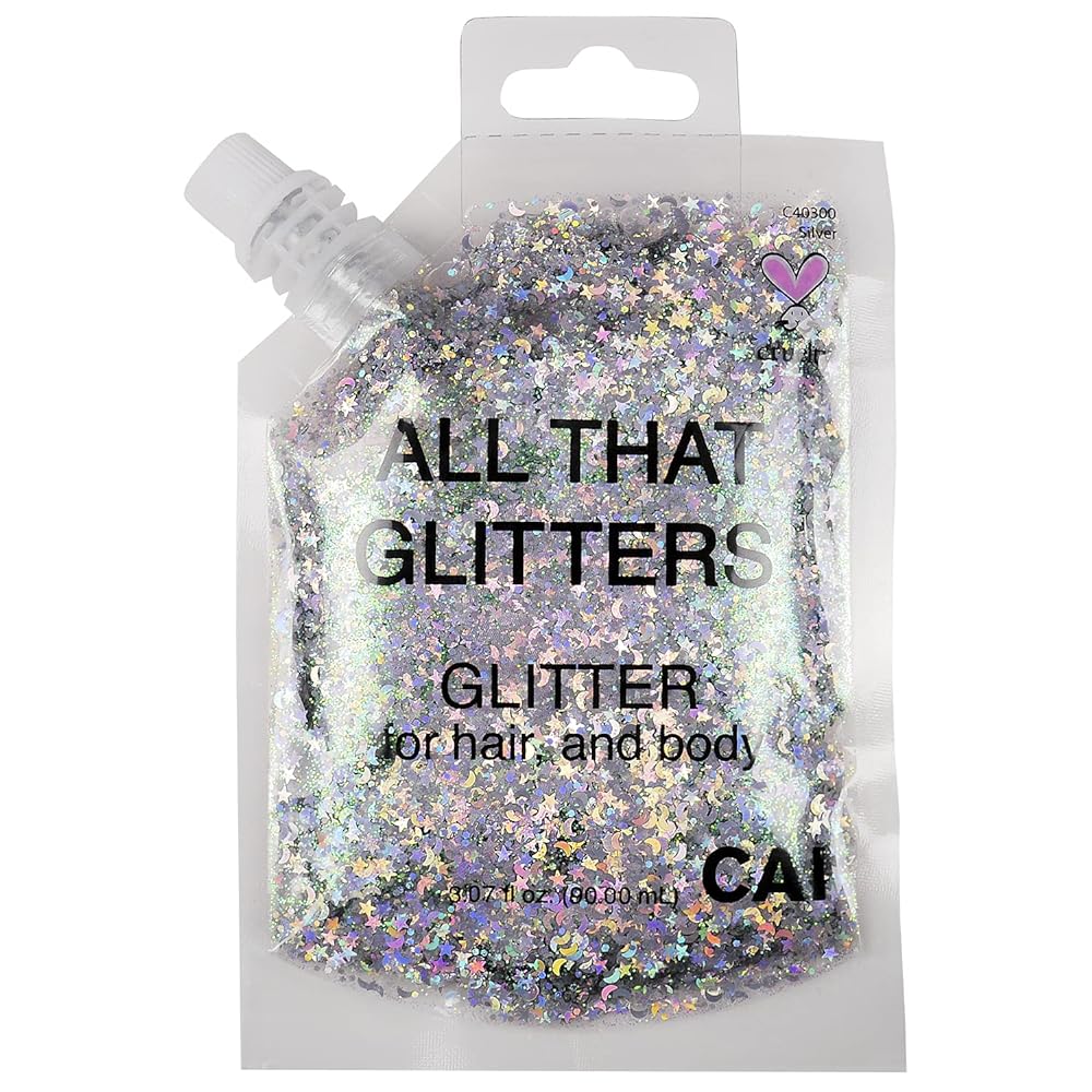 CAI BEAUTY NYC Silver Glitter Gel for Body, Face and Hair (90ml, 3.07oz) | Easy to Apply & Remove | Holographic Chunky Cosmetic Grade Glamour Bag Accessories for Concerts Festivals and Raves
