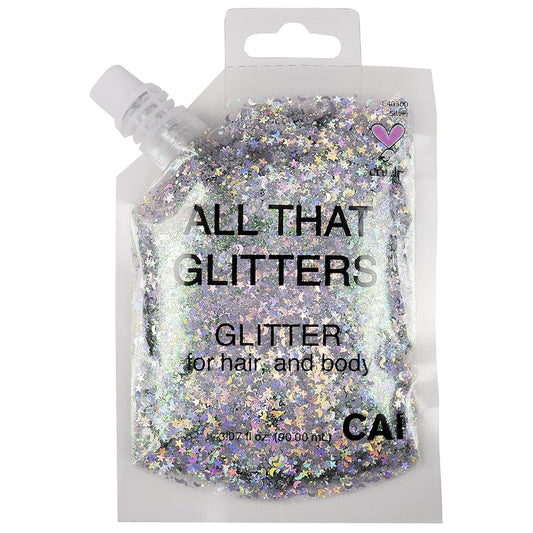 CAI BEAUTY NYC Silver Glitter Gel for Body, Face and Hair (90ml, 3.07oz) | Easy to Apply & Remove | Holographic Chunky Cosmetic Grade Glamour Bag Accessories for Concerts Festivals and Raves