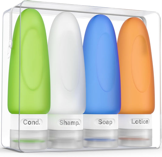 Dot&Dot Leak Proof Travel Bottles for Toiletries - 4 Pack Silicone Travel Toiletry Bottles - 3oz Shampoo and Conditioner Travel Bottle with TSA Quart Bag - 3 oz Travel Bottles with Labels