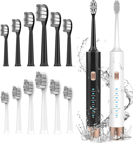 Aneebart Sonic Electric Toothbrush 2 Pack_Electric Toothbrush for Adults and Kids _Travel Electric Toothbrush Includes 12 Dupont Brush Heads_IPx7 Waterproof (Black White)