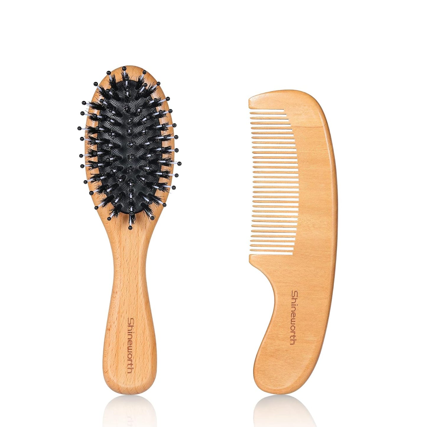 Toddler Hair Brush and Comb Set - Mini Boar Bristle Hairbrush for Thick Curly Thin Wet or Dry hair Detangle Massage Add Shine, Pocket Travel Small Paddle Hair Brush and Comb Set for Kids
