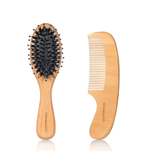 Toddler Hair Brush and Comb Set - Mini Boar Bristle Hairbrush for Thick Curly Thin Wet or Dry hair Detangle Massage Add Shine, Pocket Travel Small Paddle Hair Brush and Comb Set for Kids
