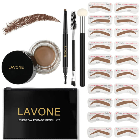 Eyebrow Stamp Stencil Kit, Brow Stamp Trio Kit with Waterproof Eyebrow Pencil, Pomade, 20 Eyebrow Stencils, Dual-ended Brush and Sponge Applicator - Soft Brown
