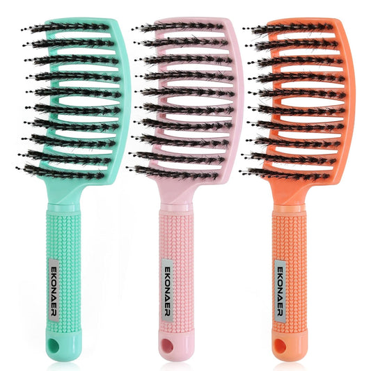 EKONAER 3 Pack Vented Quick Drying Massage Blow Detangler Brush,Boar Bristle Hair Brush Set-Curved,Detangling Hair Brush for Women Long,Thick, Thin, Curly(Green)