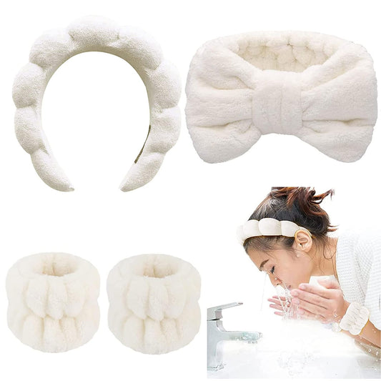 TLUXX 4-Piece Spa Headband & Wristband Set_ Reusable Makeup & Skincare Accessories for Face Washing, Preventing Liquid Overflow - Ideal for Women & Girls