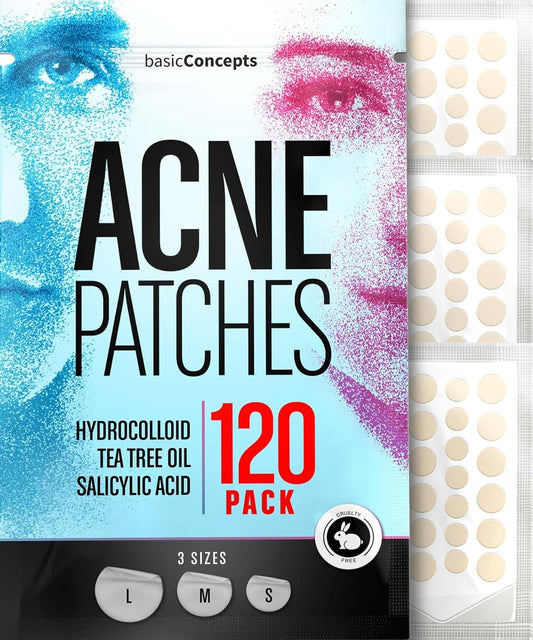 BASIC CONCEPTS Acne Patches (120 Pack), Salicylic Acid, Tea Tree Oil and Hydrocolloid Pimple Patches for Face, Zit Patch (3 Sizes), Blemish Patches, Acne Spot Dots, Pimple Stickers, Acne Patches