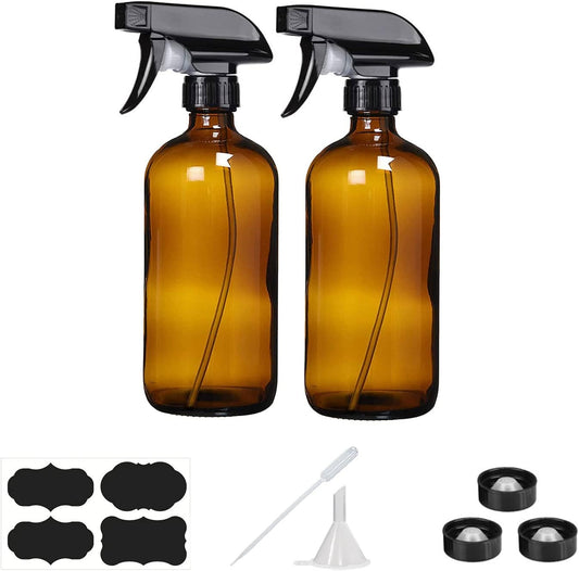 YUNFOOK 16 oz Amber Glass Spray Bottles - 2 Pack Refillable Empty Bottle for Cleaning Solutions, Essential Oils, Plants, Hair Mister - with Labels &Funnel, Dropper (16oz-2pack, Amber)