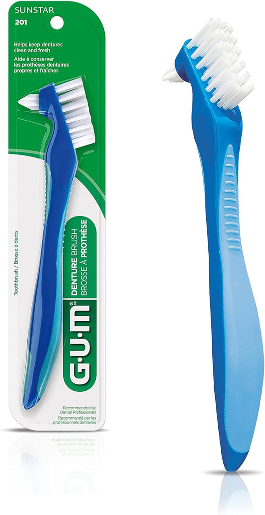 GUM Denture Brush - Dual Headed Hard Bristle Toothbrush for Dentures & Acrylic Retainers - Dentist Recommended Denture Cleaner (Pack of 1)